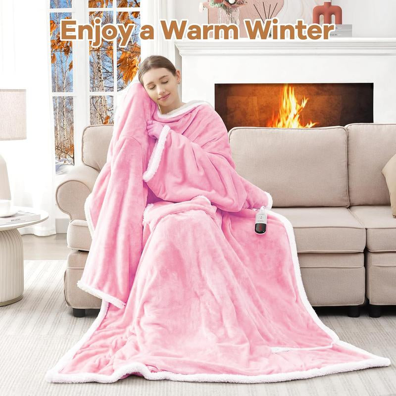 【New Arrival Deal】Wearable Heating Electric Blanket 52”×72“, Soft Faux Fur & Cozy Sherpa Electric Heated Blanket with Foot Pockets and Sleeves, 7 Heat Levels & 4H Auto Off, Perfect Present for Winter, Thanksgiving, Christmas, New Year Gift