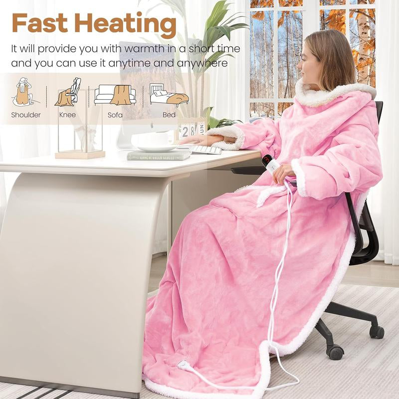 【New Arrival Deal】Wearable Heating Electric Blanket 52”×72“, Soft Faux Fur & Cozy Sherpa Electric Heated Blanket with Foot Pockets and Sleeves, 7 Heat Levels & 4H Auto Off, Perfect Present for Winter, Thanksgiving, Christmas, New Year Gift